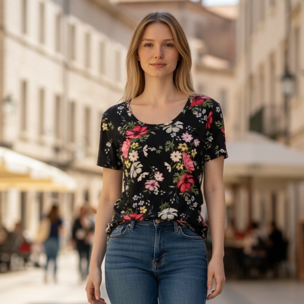 AVEC LES FILLES Mesh Floral Tee M 17” p2p Black Multi NWOT